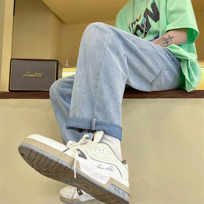 Summer Thin Jeans Men Fashion Casual Drawstring Straight Jeans Men Streetwear Hip Hop Loose Denim Pants Mens Trousers M-3XL