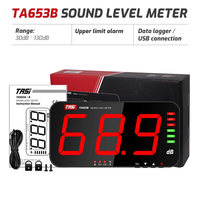 

Цифровой измеритель уровня звука TASI TA653A TA653B, большой экран, дисплей, шумомер, дБ, настенный, с сигнализацией, для больницы, бара, школы