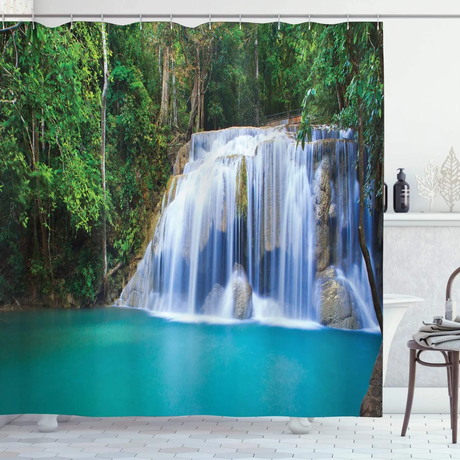 Занавеска для душа Водопад скрытый бассейн в лесу скаленый Брук водопад и свежая