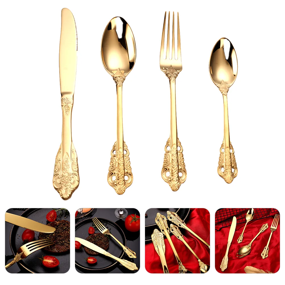 

Set Forks Silverware Cutlery Spoon Stainless Flatware Steel Spoons Fork Golden Tableware Gold Kitchen Bouquet Dinner Sugar