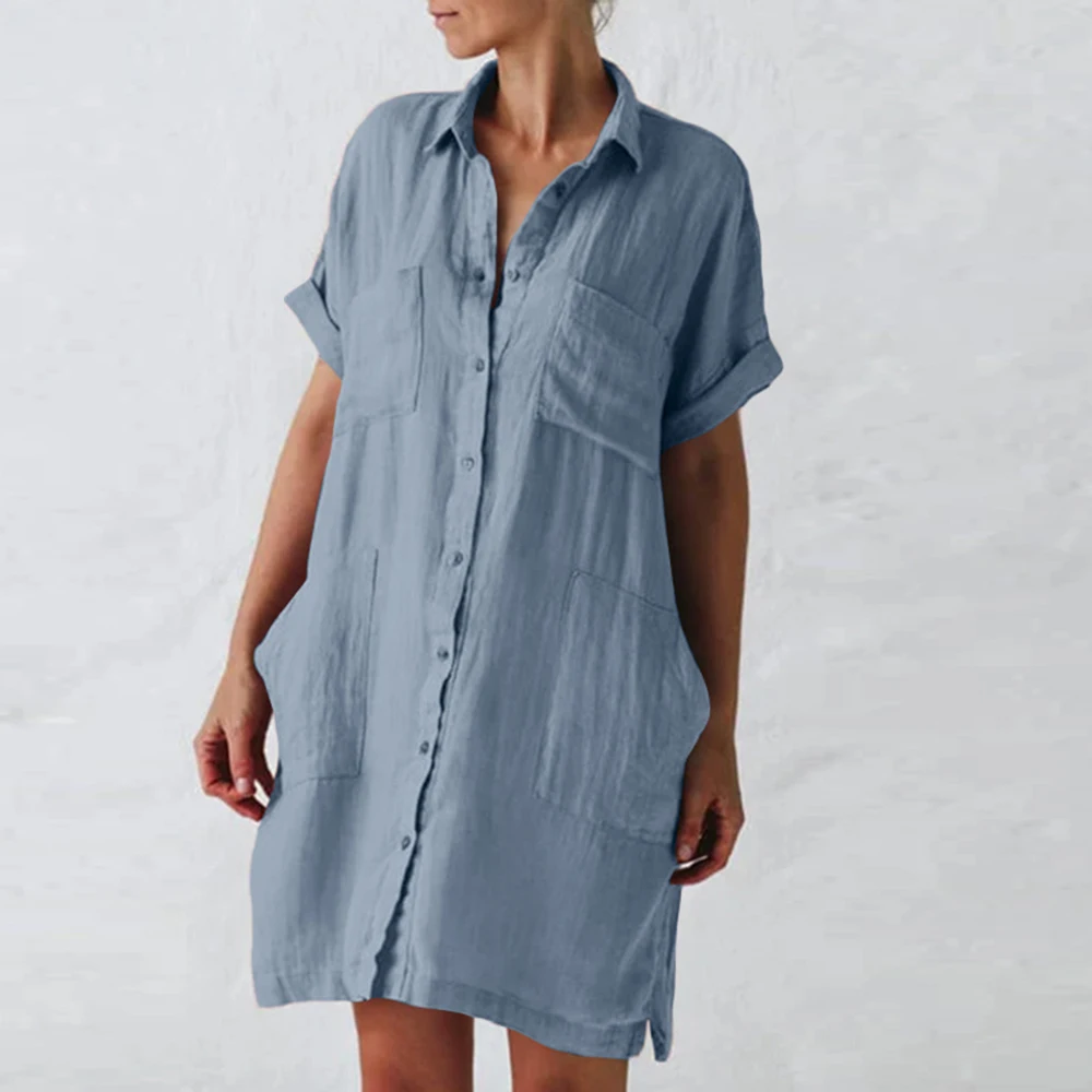 

Casual Lapel Short Sleeve Buttons Pockets Loose Midi Dresses Fashion Summer Chic Women Clothing Vintage Cotton Linen Shirt Dress