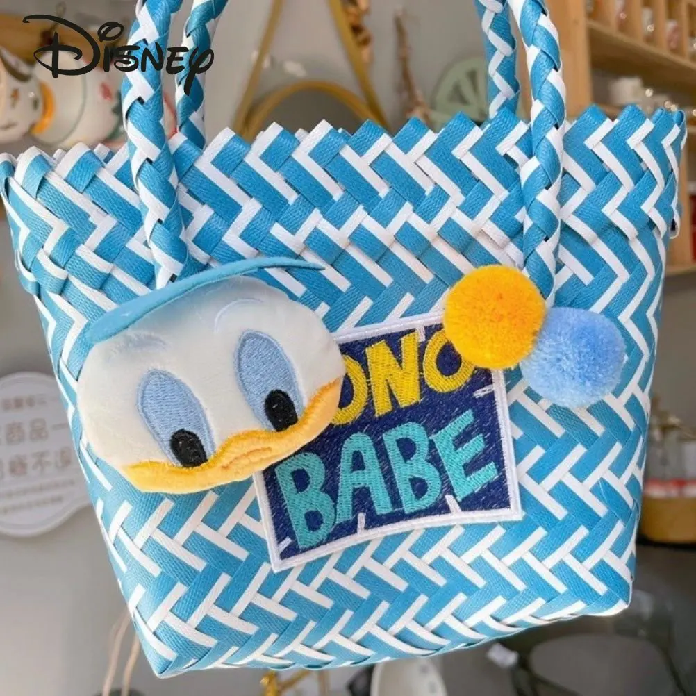 Disney New Women's Handbag Fashionable High Quality Handwoven Vegetable Basket Bag Popular Cute Cartoon Leisure Beach Bag