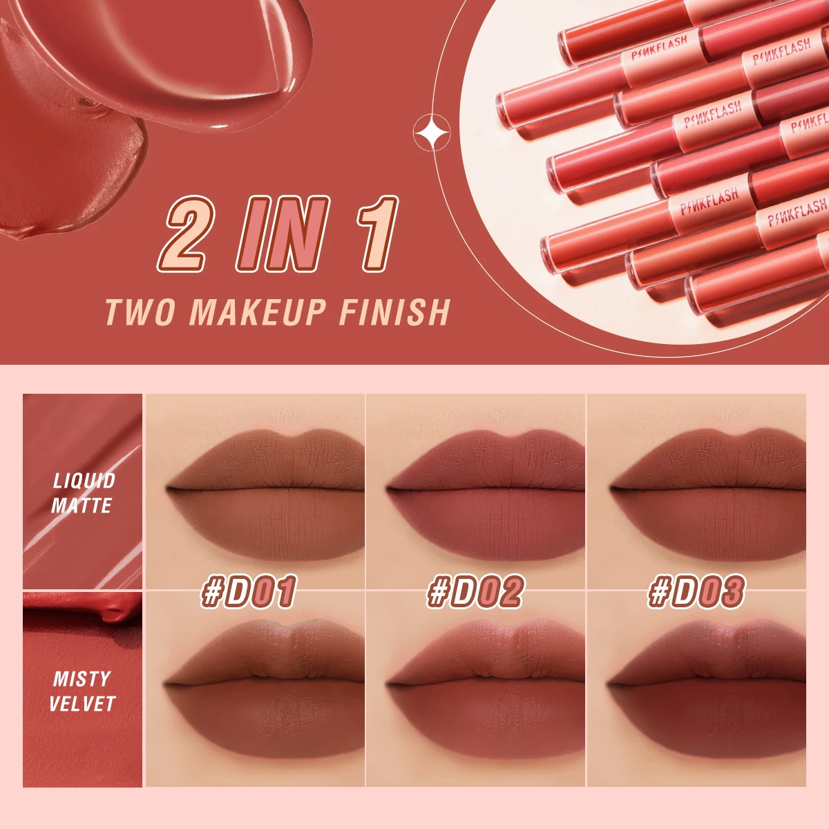 PINKFLASH 2 In 1 Dual-head Velvet Matte Lipstick Lipgloss High Pigment Long-lasting Silky Lightweight Liquid Lip Tint Cosmetics |