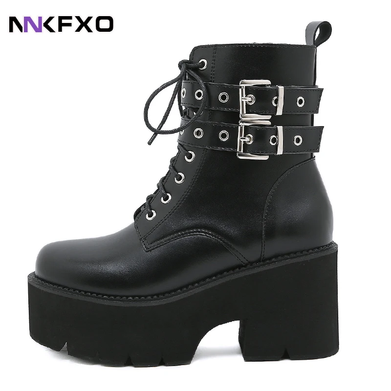 

Fashion Ankle Boots For Women Platform Shoes Punk Gothic Style Rubber Sole Lace Up Black Spring Autumn Chunky Boots vc4947
