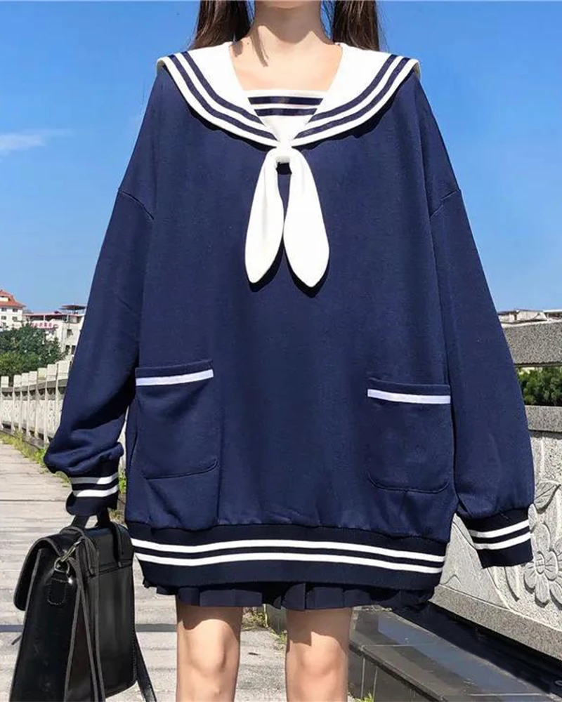 

Kawaii Sweatshirts Women Cute School Jk Uniform Autumn Winter Long Sleeve Lolita Style Sailor Collar Bunny Ears Oversized Hoodie