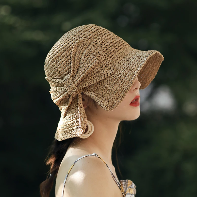 

Parent-child 100%Raffia Bow Sun Hat Wide Brim Floppy Summer Hats for Women Beach Panama Straw Dome Bucket Hat Femme Shade Hat