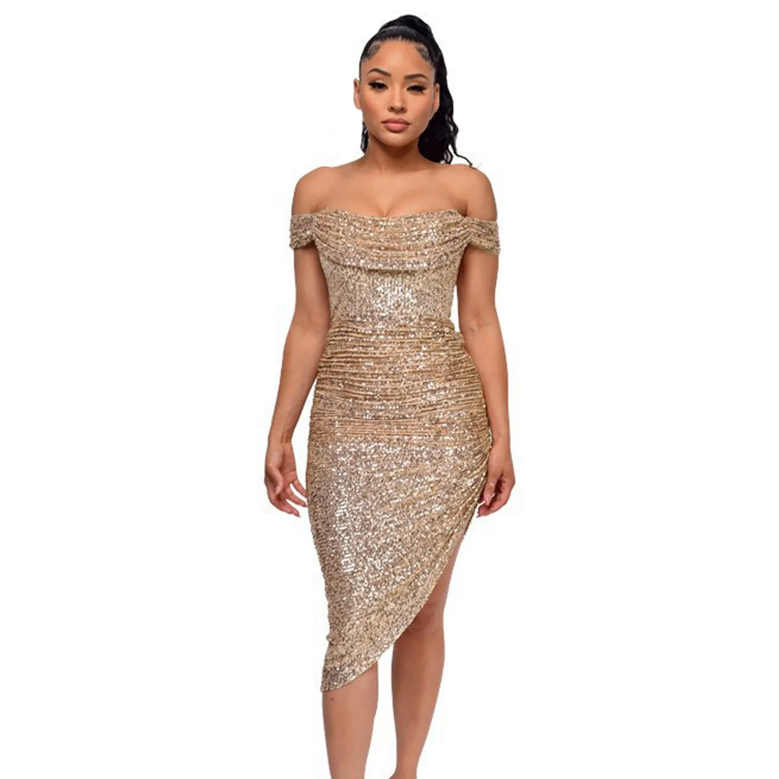 Осенние свадебные платья для гостей женщин сексуальное блестящее платье миди с