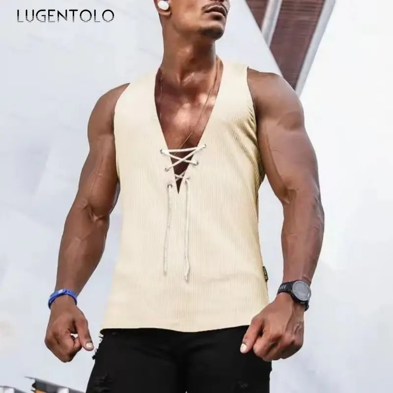 

Lugentolo Men Chest Lace Up Tank Casual Summer Solid Sleeveless Simple Fashion Tops Men's New Daily Pullover V-neck Tees