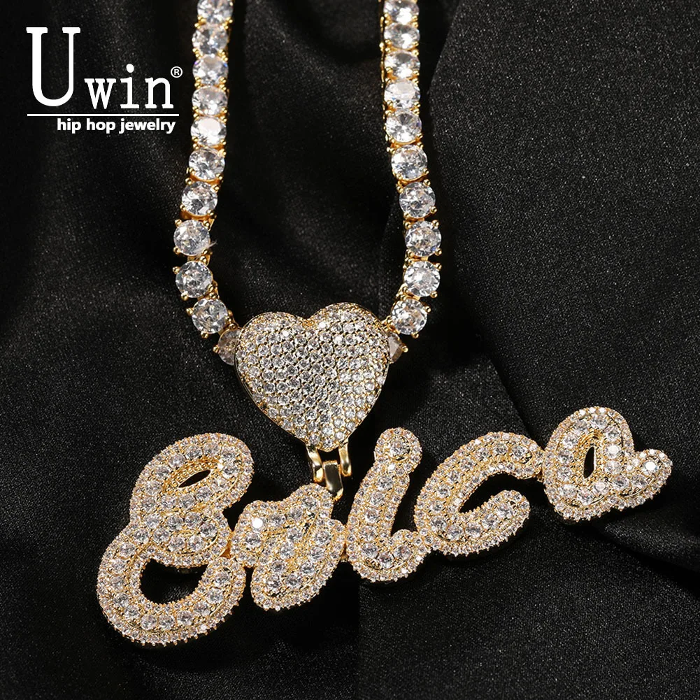 

Uwin Heart Bail Brush Cursive Letter Pendant Name Necklace Pendant Micro Paved CZ Personalized Baguettes Chain Hiphop Jewelry