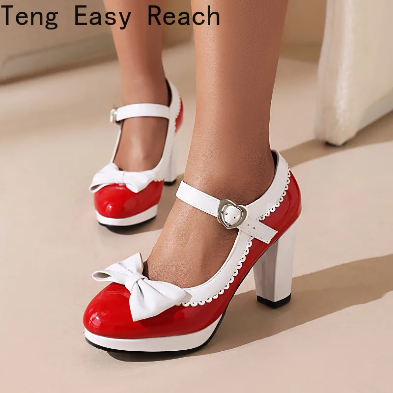 

Fashion Comfy Elegant High Heels Plus Size 46 Women Shoes Bow Decor Ankle Strap Ultra Mary Jane High Heeled Pumps red black