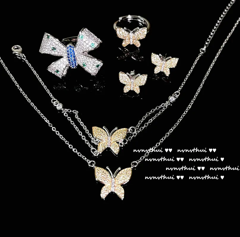 

sweet Butterfly Necklace Fairy Bracelet Yellow zircon Stud Earrings Colorful Treasure Ring Bright jewelry set for women Set