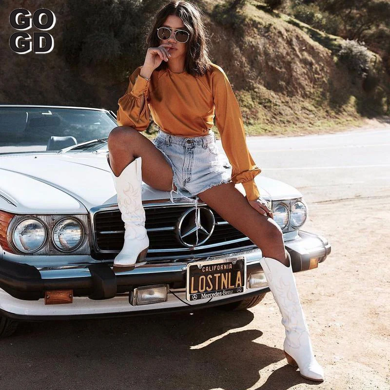 GOGD/женские ковбойские сапоги до колена с вышивкой женские ботинки на платформе