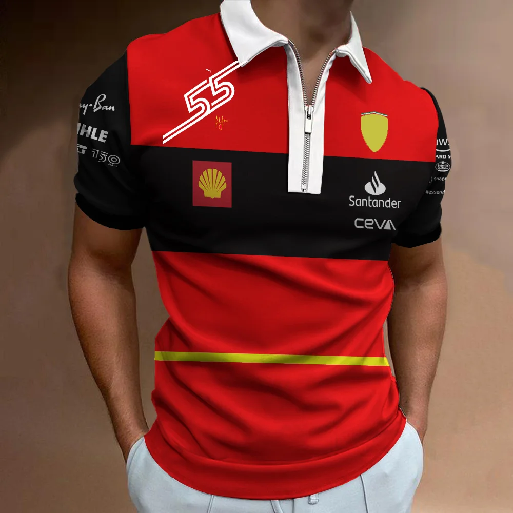 F1 Racing 3D Ferrari printed men's T-shirt, zippered short sleeved polo, red style, summer fashion, 2023 images - 6