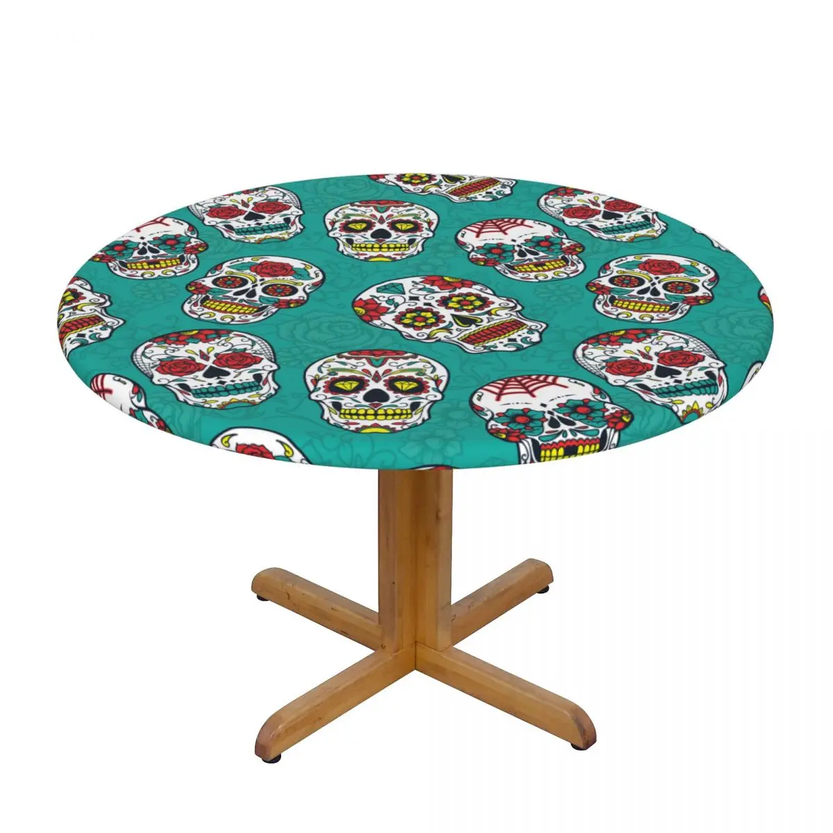 

Day Of The Dead Skull Green Waterproof Polyester Round Tablecloth Catering Fitted Table Cover with Elastic Edged
