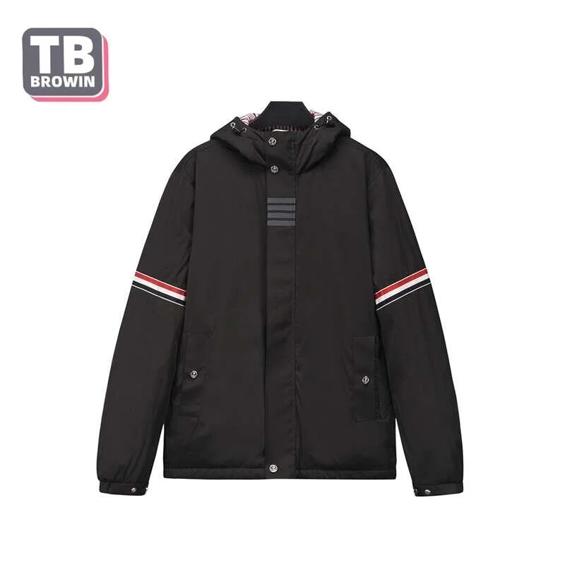 

Мужской роскошный пуховик TB BROWIN, теплая ветрозащитная дышащая куртка с капюшоном в четырех полосках, цвет серый, зимний сезон