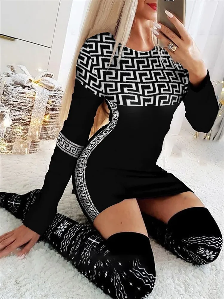 

2022 Winter Dresses for Women Geo Print Long Sleeve Patchwork Bodycon Dress Y2k Vestidos De Mujer Casual Elegant Mini Robe Femal