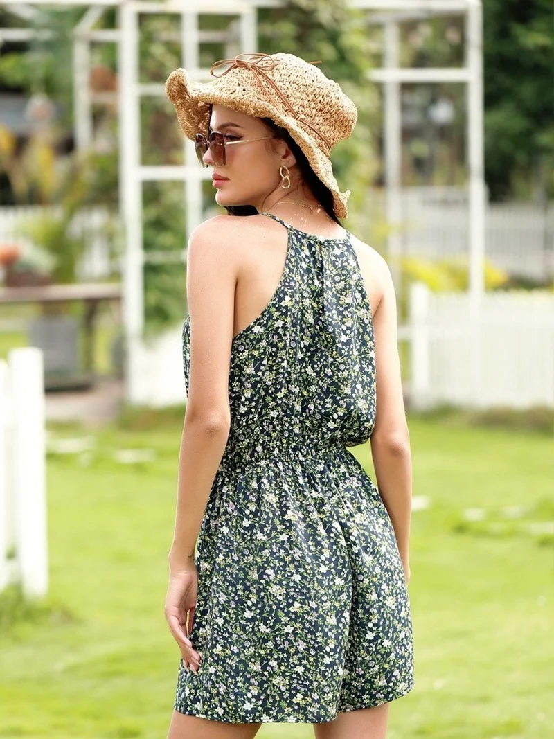 Casual Spaghetti Strap Jumpsuits Vintage Floral Sexy Women Summer Loose Hollow Out Shirring Sleeveless Playsuits Boho Fashion
