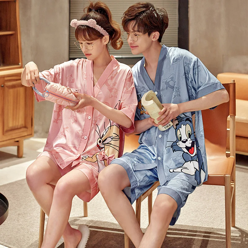 

JERRY TOM Summer Silk Pajamas Couple Suit Pajamas Men and Women Summer Couple Short Sleeve 2 Piece Clothing Top + Pants Homewear