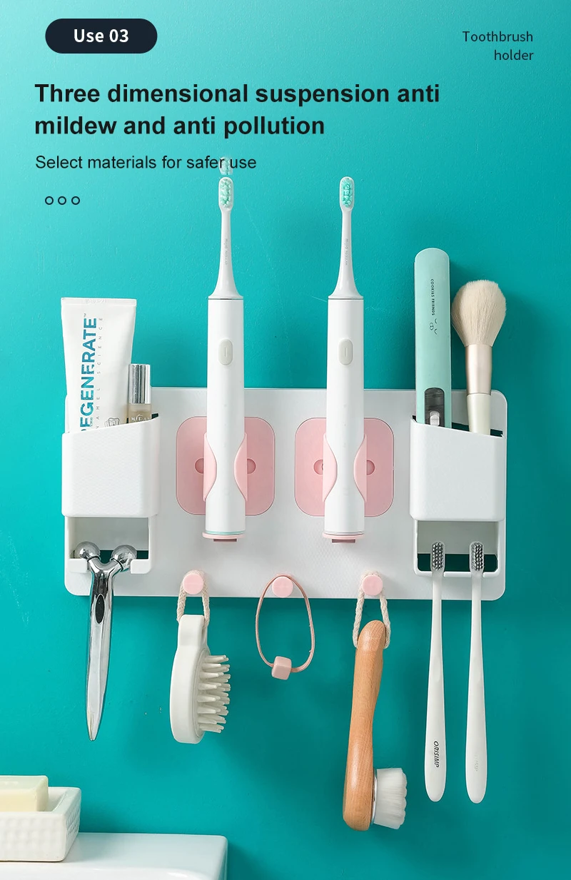 

Multifunctional Toothbrush Rack Wall Mounted Two Position Electric Toothbrush Storage Rack With Hook Two Compartment Storage Box