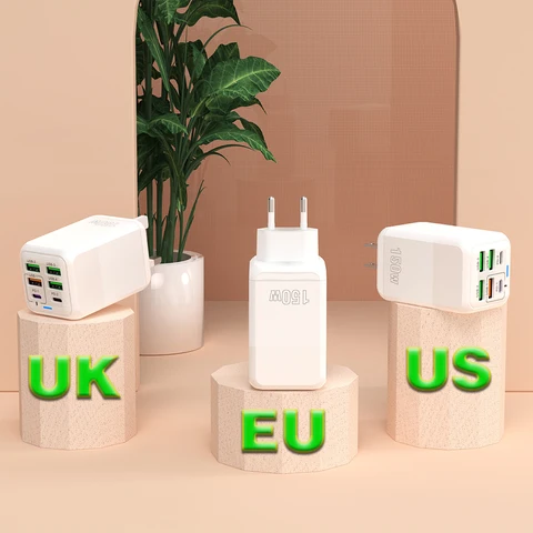 150 Вт, 6 портов Pd QC 4,0, USB C, быстрое зарядное устройство, настенный адаптер, сверхбыстрая зарядка для Iphone, Samsung, Ipad, Xiaomi, Huawei Oneplus Oppo