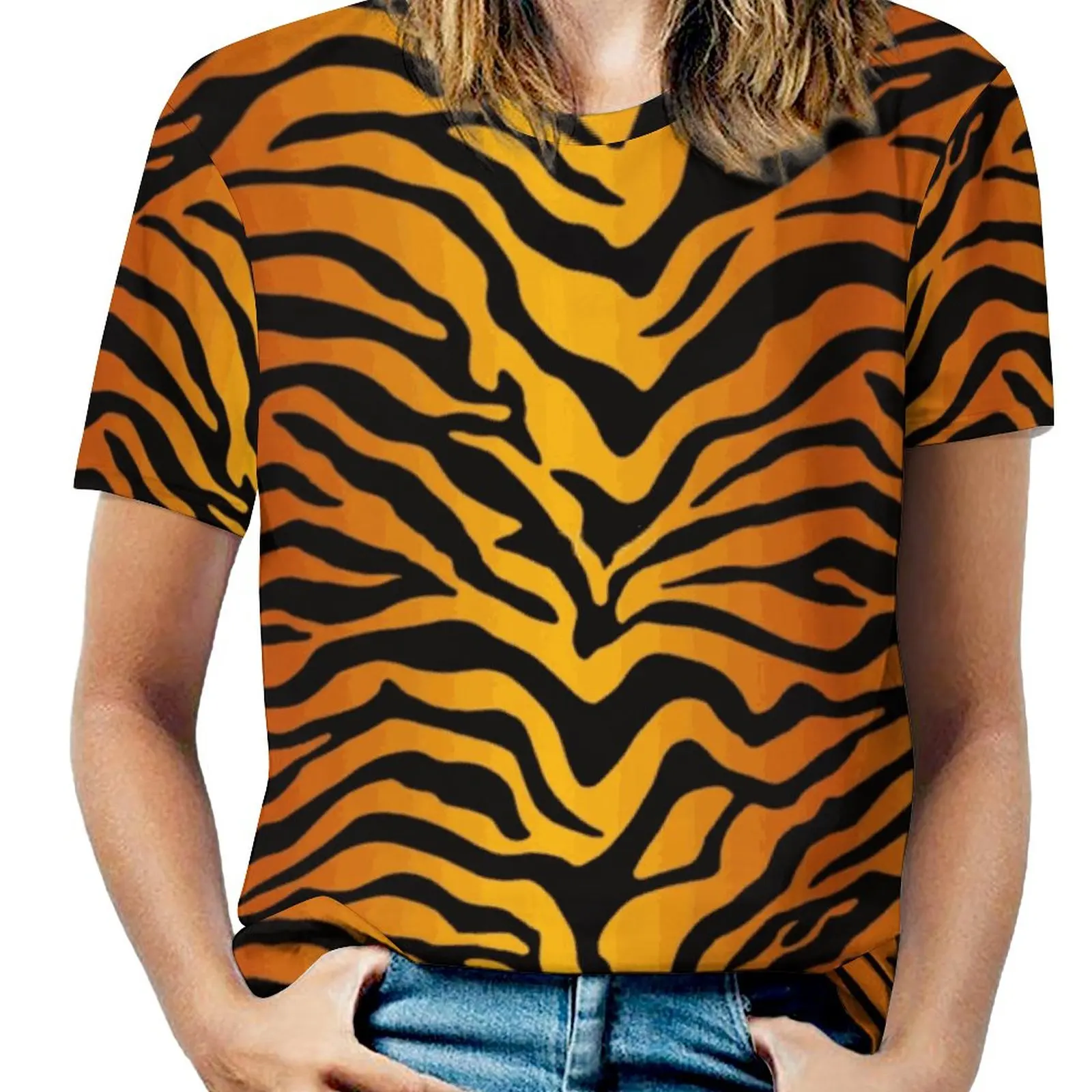

Tiger Stripe Print Fashion Print Women Ladies Girls T-Shirt Harajuku Round Neck Short Sleeve Tops & Tees Tiger Stripe Exotic