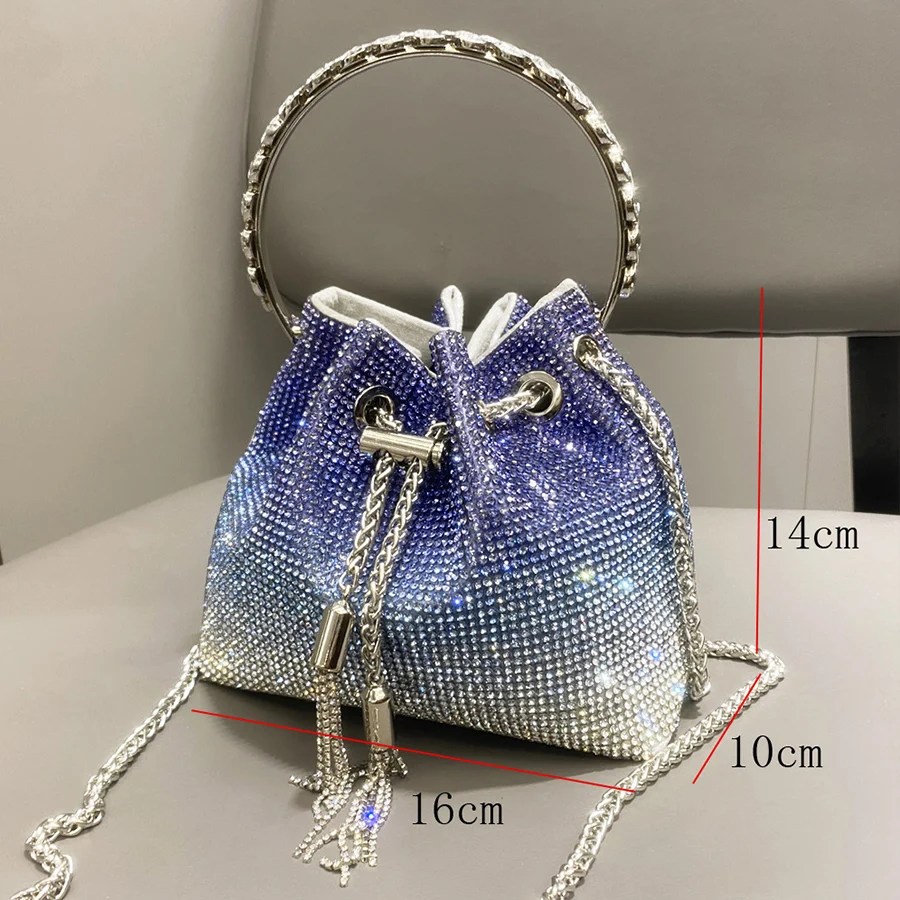 Luxury Shiny Dinner women's handbags new gradient color bucket bag tassel full diamond single shoulder crossbody bag tote bag