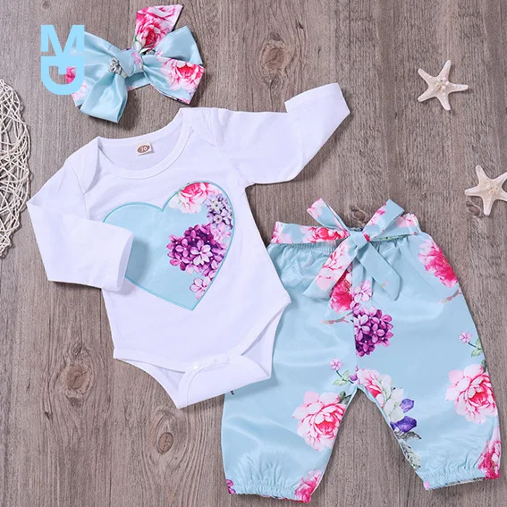 

New Spring Autumn Cotton Casual born Beautiful Floral Bodysuit and Pants and Bow Headband Set for Baby Girl Jumpsuit