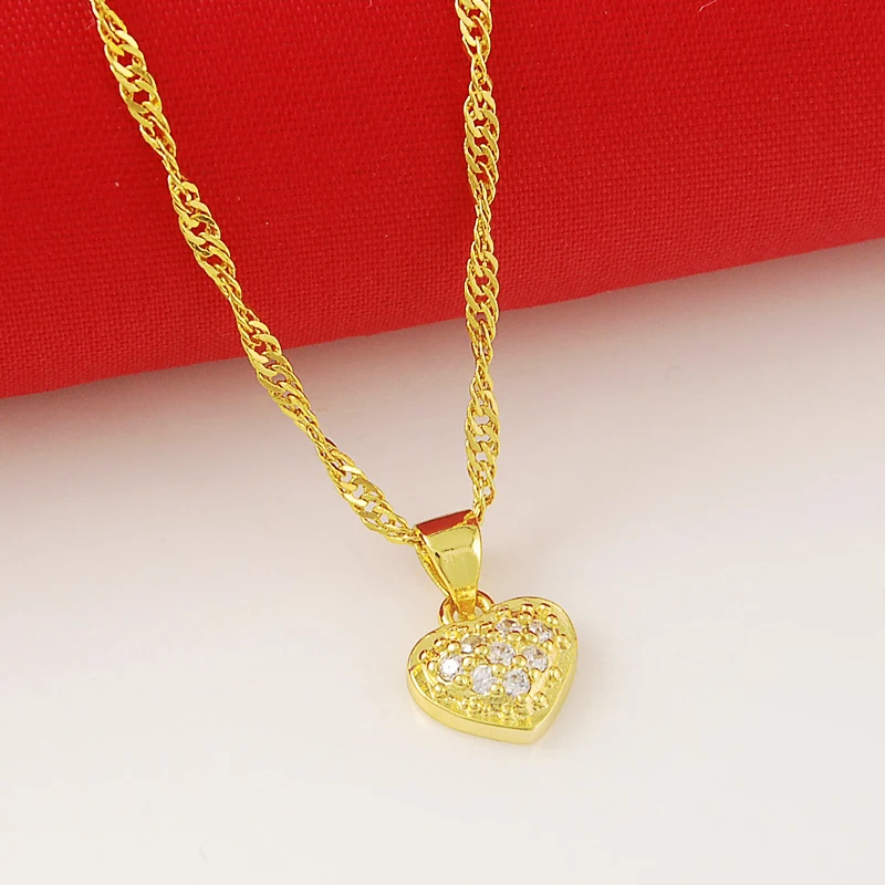 

Genuine 24k gold necklace inlaid zircon heart-shaped pendant water ripple necklace electroplated gold jewelry wedding gift for w