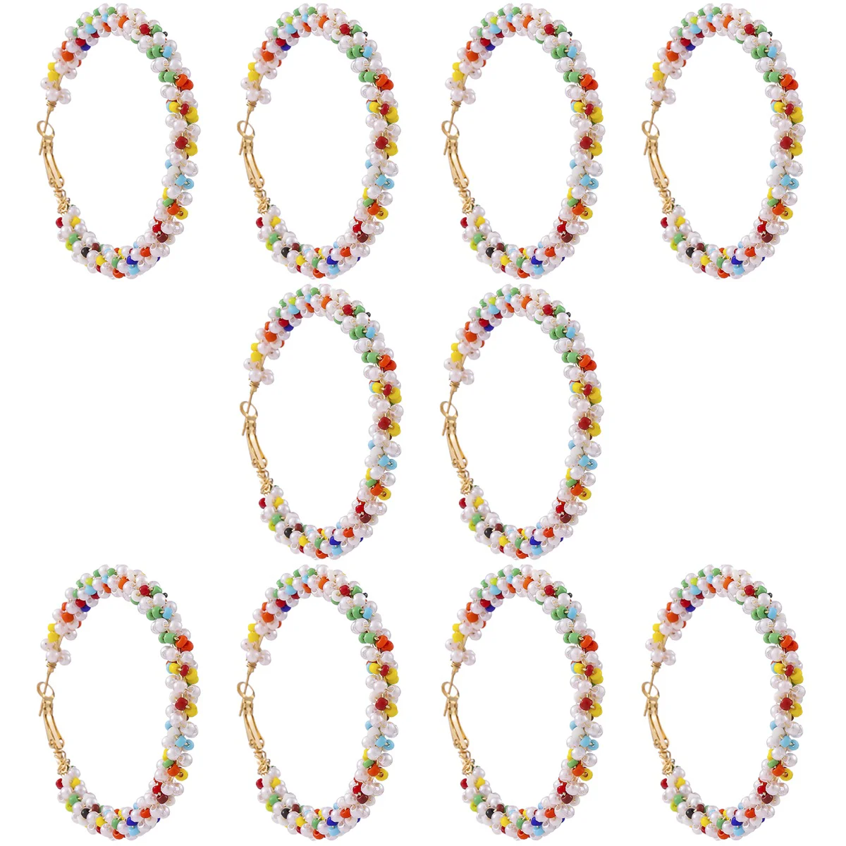 

5 Pairs Earrings Women Dangle Colorful Rice Bead Large Beaded Hoop 5.8x5.6cm Statement Metal Minimalist Hoops Women's