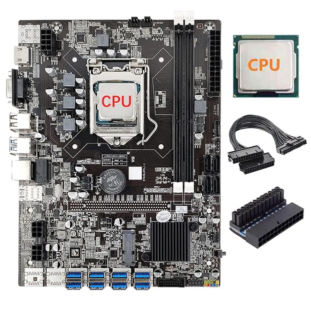 B75 8 Card Mining Motherboard+CPU+24Pin Power Cord+24Pin Power Adapter 8 USB3.0 GPU Slot LGA1155 DDR3 SATA3 for BTC/ETH