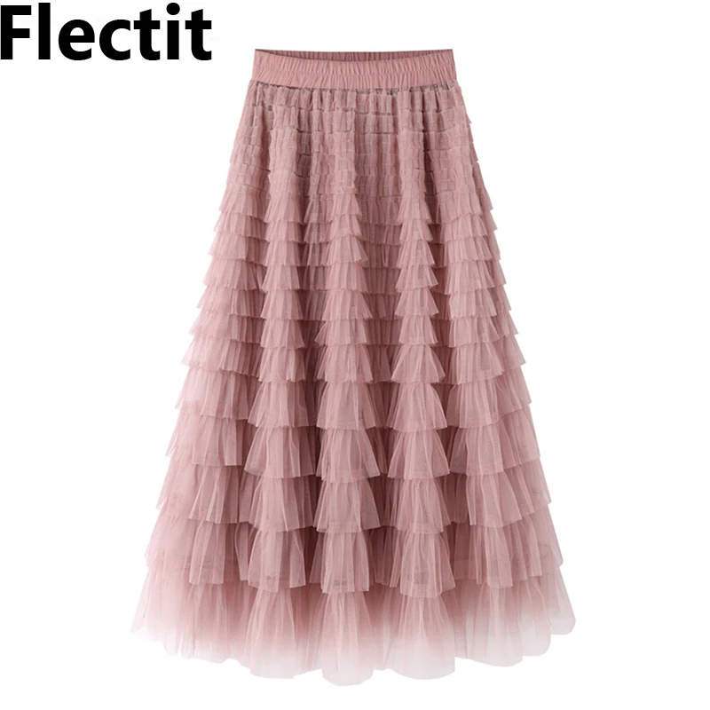 

Flectit Pink Tiered Tulle Skirt Women Elastic Waist Mesh Maxi Skirt Spring Feminine Princess Romantic Outfit