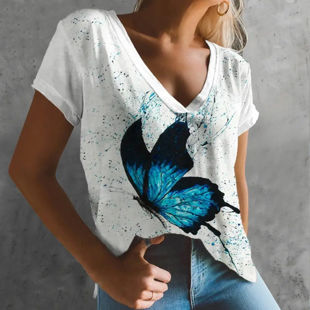 

Casual Women Top V-Neck Short Sleeve Loose Women T-shirt Summer Butterflies Print Fashion Top Female Clothing Streetwear