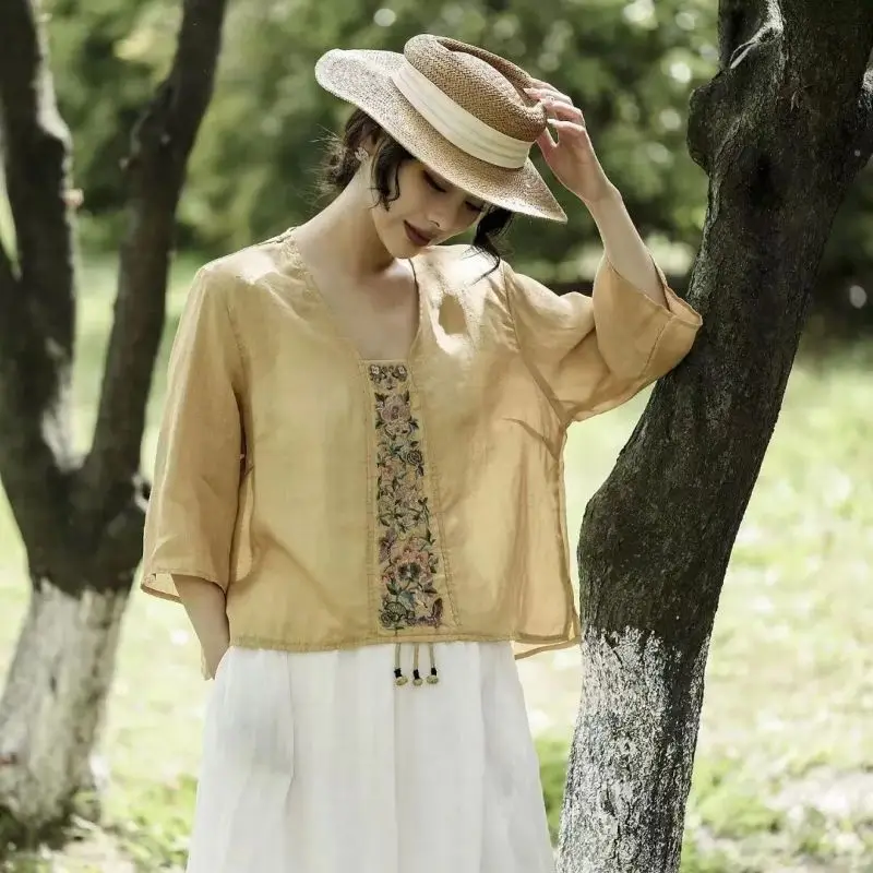Рубашка женская с вышивкой Модная элегантная блуза из хлопка и льна квадратным