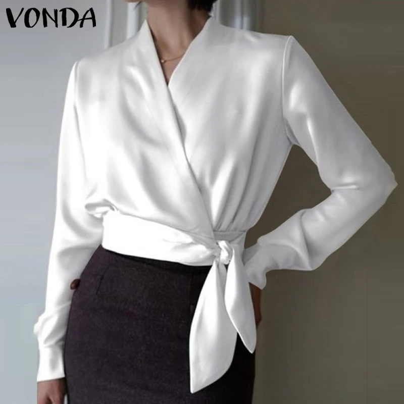 

Women Blouses Spring Long Sleeve V Neck High Waist Solid Tops VONDA 2022 Casual Stain Shirts Blusas Femininas Short Shirts
