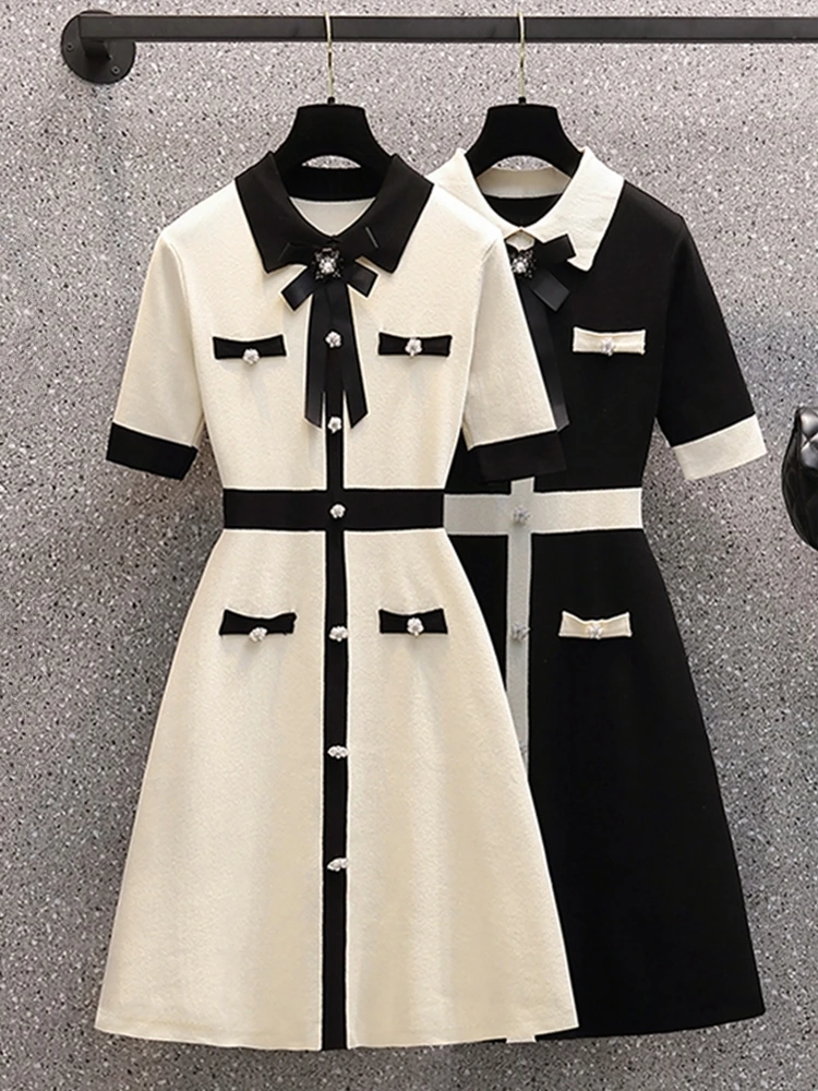 

Fashion Casual Bow Tie Summer Dresses For Women 2022 New Elegant Knitted Sweater Dress Vintage Party Mini Vestidos Robe Femme