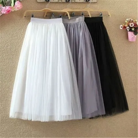 Korean New Spring Summer Vintage Tulle Skirt Women Elastic High Waist Mesh Skirts Female Jupe Longue Long Pleated Tutu Skirt