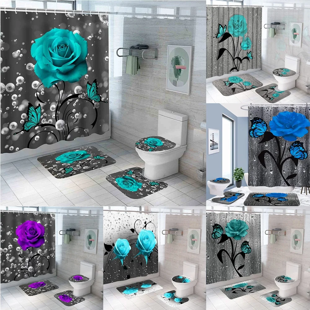 

Teal Gray Rose Butterfly Shower Curtain Set Non-Slip Rug Toilet Cover Bath Mat Blue Floral Water Droplet Flower Bathroom Curtain