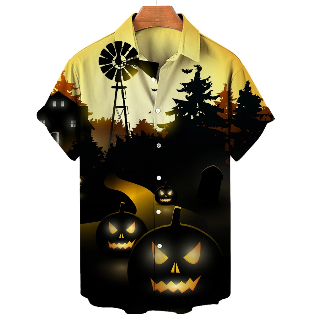 2023 Jack-o-lantern Halloween Men's Shirt Lapel Summer Hawaiian Shirt Man 3d Holiday Party Beach Short Sleeve Top Male Clothes
