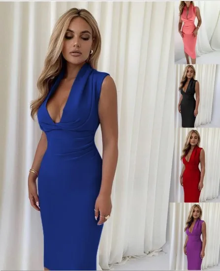 

Summer Women's Evening Party Dresses 2022 Sexy Deep V-neck Bodycon Zipper Elegant Lady Midi Dress Casual Sleeveless Long Dresses