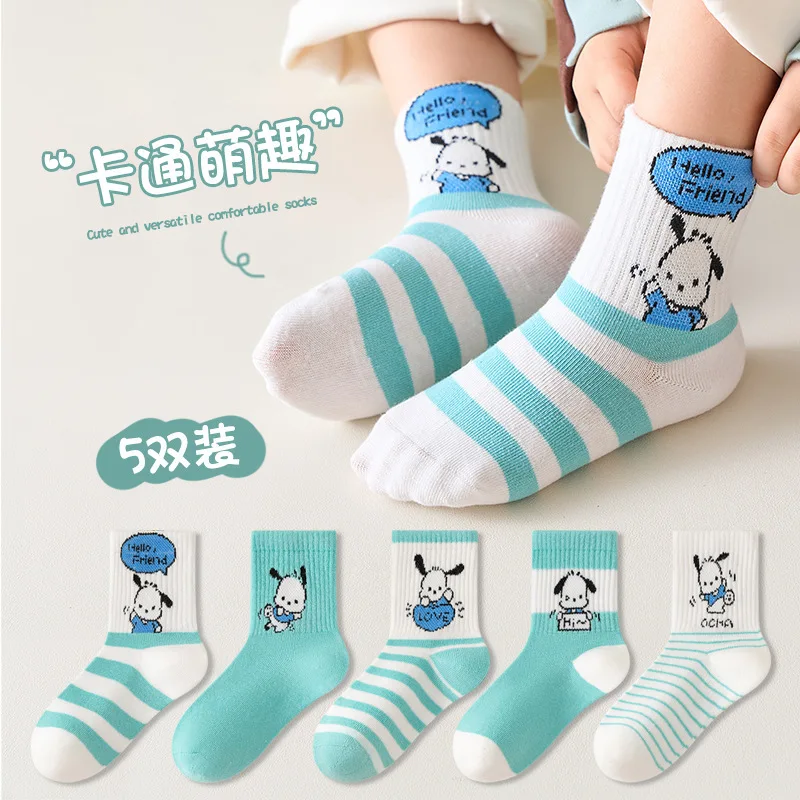 5 Pairs Cute Sanrioed Kuromi My Melody Hellokitty Cinnamoroll children's Socks Autumn Cartoon Tube Sports Cotton
