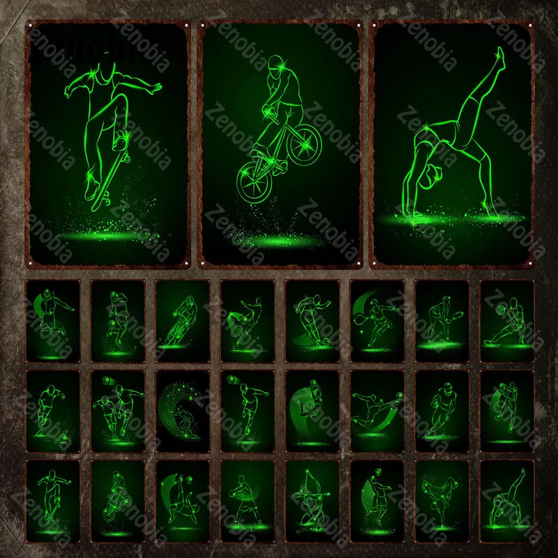 

Metal Sign Wall Decor Green Luminous Classic Different Types of Sports Metal Poster Decorative Tin Plate Retro Plaque Home Decor