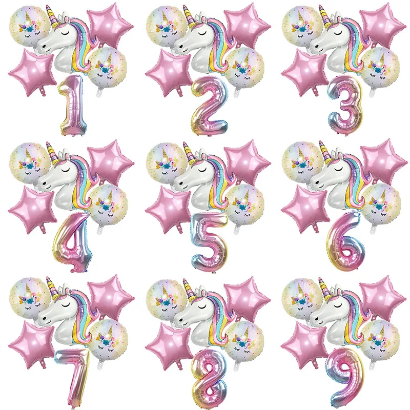 

6pcs Rainbow Unicorn Balloon 32 inch Number Foil Balloons 1st Kids Unicorn Theme Birthday Party Decorations Baby Shower Globos