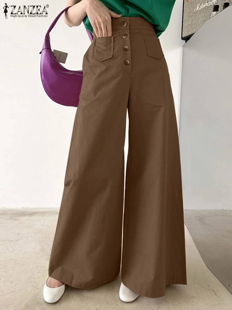 

Vintage Women High Waist Wide Leg Trousers ZANZEA Summer Fashion Long Flare Pants Casual Solid Loose Pantalon Work Palazzo 2023