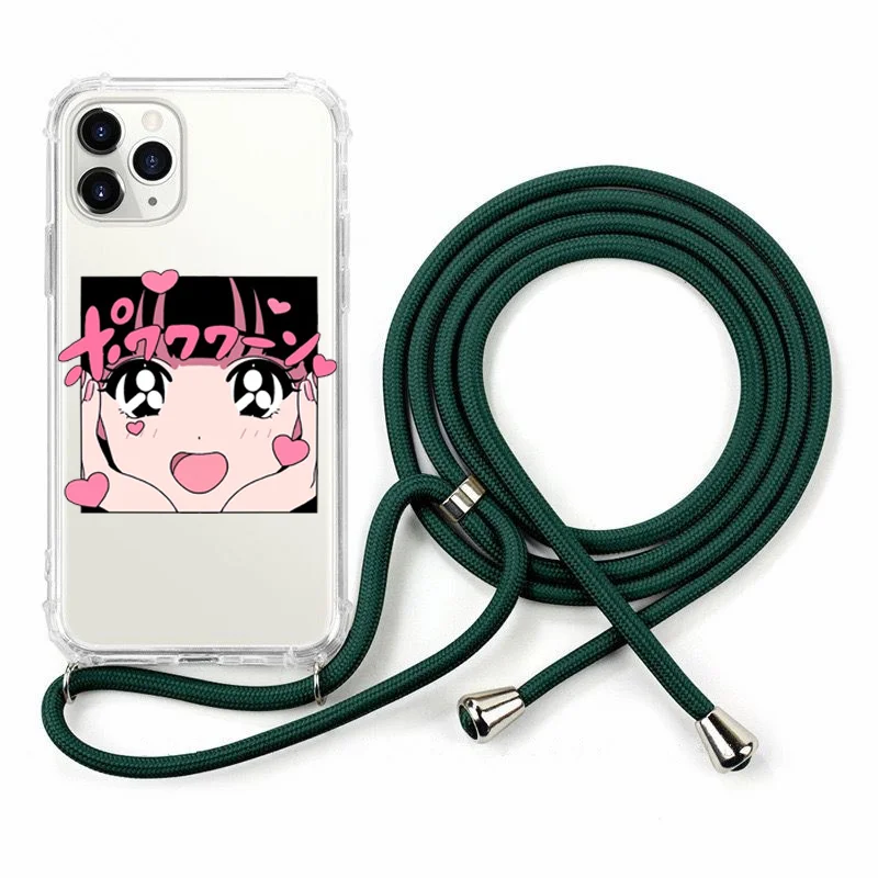

Cute Girl Clear Impact Bumper Case Crossbody Lanyard Custom for iPhone 12 12Pro Max 14 13 11