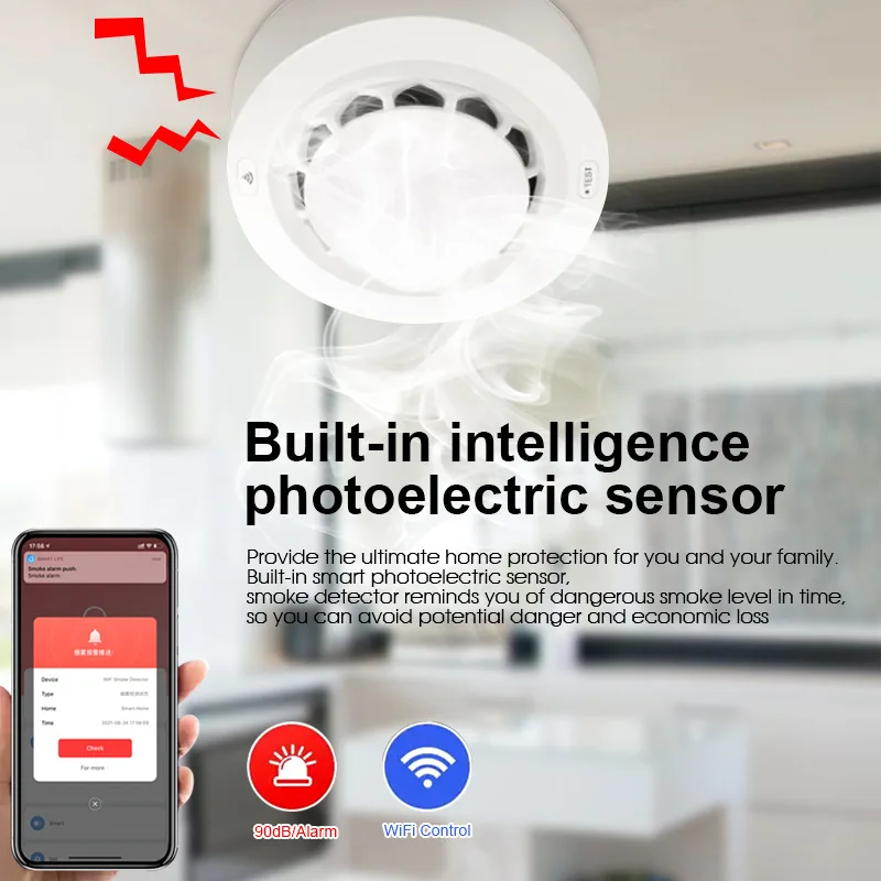 

Built in Intelligent Photoelectric Sensor Tuya Smart WiFi Smoke Detector Supports APP Remote Notification Smoke Fire Alarm