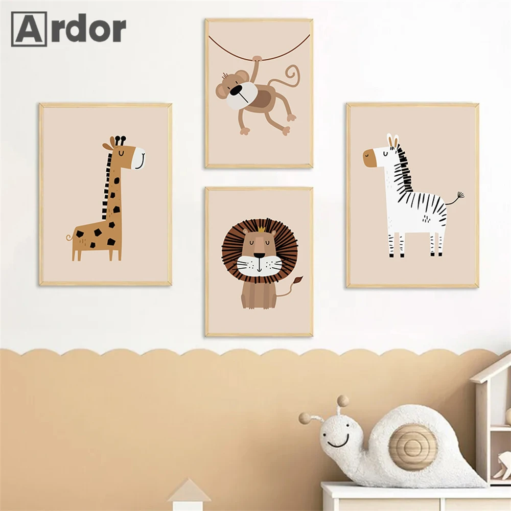 

Cartoon Animals Print Lion Monkey Canvas Poster Nursery Art Painting Giraffe Zebra Posters Nordic Wall Pictures Kids Room Decor