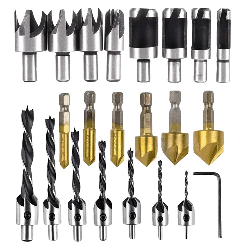 

22-Pack Woodworking Chamfer Drilling Tools Drill Bits Set Wood Plug Cutter Three Pointed Countersink Drill Bits