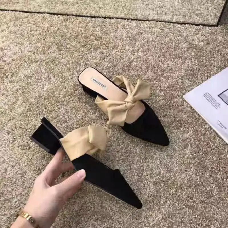 

Женские замшевые сандалии Baotou, черные босоножки с острым носком, на Высоком толстом каблуке, с бантом, лето 2022