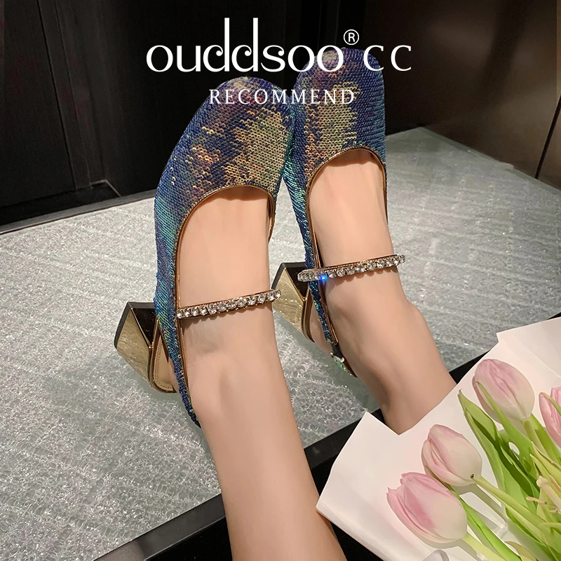 

ODS Mary Jane Shoes 2023 New Woman Spring Summer Block Heels for Women Square Toe Elegant Medium Heel Korean Gold Silver Formal