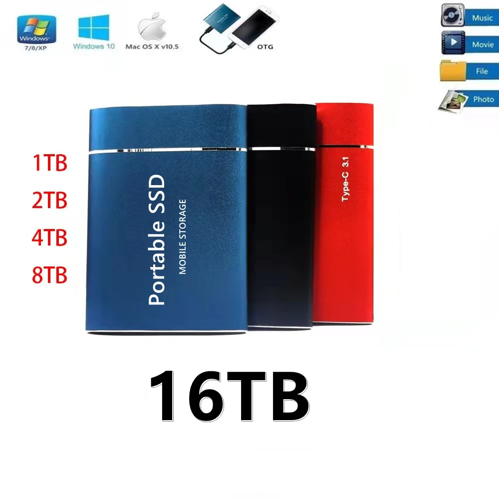 

16TB SSD high-speed solid-state mobile hard drive 2TB 1T Portable SSD External Hard Drive for Laptop Desktop Type-c USB 3.1